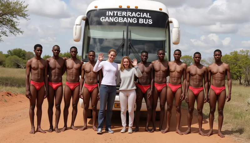 Two 19 year old female western tourists, joggingpants, sweater, waving their hands in front of a coach in a African landscape smiling. Besides them stand ten muscular black men, red loinclothes. The inscription on the bus above their heads is text "INTERRACIAL GANGBANG BUS".