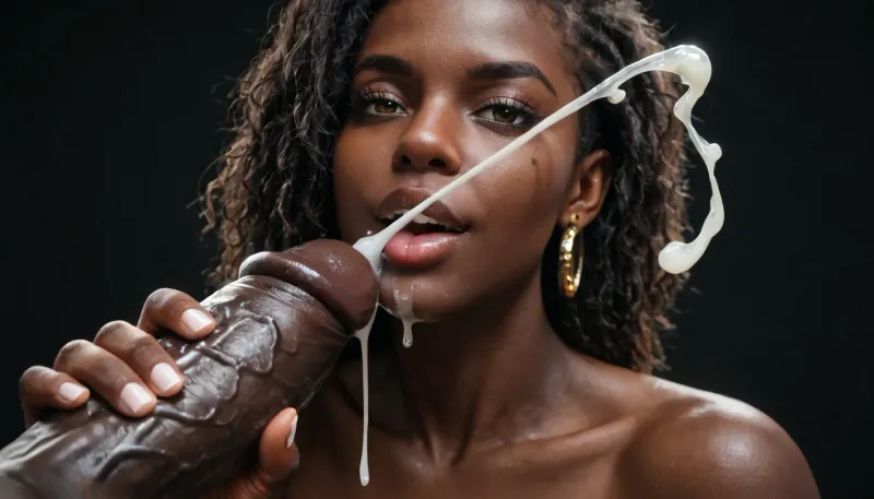 macro photo, extreme close-up of a white female hand grabbing a black african 20 inch penis, handjob, black room, black background, (ejaculation:1.5)
