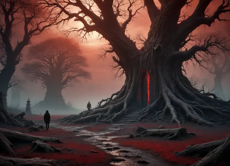 fantasy apocalypse, dark dystopian world, ruined ancient city overgrown with roots and crystals, blood-red sky with ominous black clouds, glowing magical runes on cracked ground, group of survivors in tattered cloaks and bone armor, shadowy creatures and mutated beasts roaming the ruins, massive otherworldly portal leaking dark energy, ethereal ghosts floating in the air, dark forest with bone-like trees and glowing veins, cinematic lighting, high detail, dark fantasy aesthetic, death symbolism, contrast of light and shadow