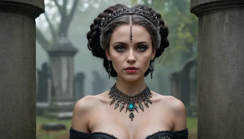 A girl with anthracite-colored hair pulled back in an elaborate coiffure of intertwined dreadlocks decorated with baked clay beads and tiny silver pendants stands in the middle of an abandoned cemetery in the thick night. With her ample breasts, narrow waist and rounded hips, her figure is wrapped in a draping fabric in warm golden tones, reminiscent of the ancient veil of a priestess — the material shimmers in the moonlight, exposing the curves of her body and creating a contrast between sacred aesthetics and sensual appeal. A face with sharp cheekbones, a high forehead, and full lips the color of ripe cherries looks both fragile and dangerous, the eyes are lined with black eyeliner that accentuates the greenish sparkles in the irises, and on the bridge of the nose you can see a thin vertical tattoo line that turns into a pattern on the forehead. A Gothic tiara of blackened silver with spikes and amethyst inserts crowns her head, combined with massive bracelets made of bone and turquoise, tiered obsidian beads and a necklace with an inverted crescent pendant. On the neck and wrists there are traces of ritual incisions, covered with amulets with engraved runes. She leans over the sagging headstone, resting her palm on the marble slab covered with moss and cracks, and her fingers, with their long nails painted black, touch the names carved on the stone. A wicked grin plays on her lips, revealing fangs with drops of blood-red luster, and sparks of witchfire flicker in the depths of her pupils. Shadows swirl around her, taking on the shapes of ravens and smoke, and a semi-transparent haze snakes under her feet, in which you can guess the silhouettes of skeletons. The moonlight filtering through the clouds sets off her figure, emphasizing both fragility and menace, sexuality and mystical power — she is like the embodiment of an ancient spell that attracts the eye with its demonic grace and promise of forbidden secrets.