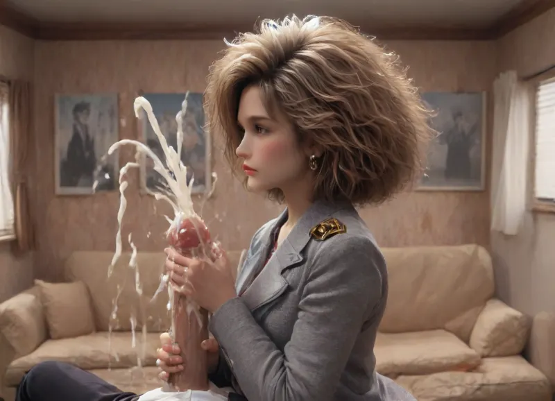 (Side-view 3/4 body handjob:1.9), (hyper realistic), best lighting, perfect illumination, (best illumination), (best shadow, best shadows), highres, ultra-detailed, 8K, UHD, highest quality, masterpiece, best quality, (ultra realistic), sharp image, ((1982 Sitcom Milf)), (1980s Big Hair), big shoulder pads on her blazer jacket, detailed face, beautiful eyes, highly detailed face, crystal clear image, detailed eyes, tiny waist, thin, petite, deep cleevage of her large breasts revealed by her blouse's pluning neckline, (((girl jerking on a guys penis)), ((jerking on penis)), ((penis in hand)), ((fingers around penis)), ((pov handjob))), ((((single girl)))), ((((single penis)))), (((one penis))), ((((1 penis)))), (massive penis, large penis), (excessive cum:1.5), ((cum drippinging over shaft and fingers)), Sitcom, Drama, Living Room, Office, Ironic Smirk, <lora:Sitcom_Drama_Style:2>