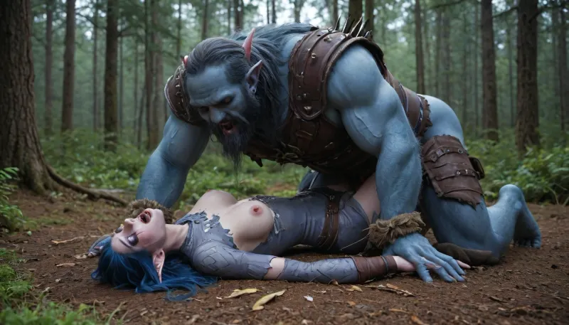 World of Warcraft, (Night elf girl), blue skin and hair, natural tits, beautiful girl, huge boobs, orgasm, sex, detailed face, head thrown back, mouth open, crying, forest, torn leather clothes, being fucked hard by a huge bearded man wearing leather armour, missionary, arrow quiver laying on the ground nearby, arrows sticking out of nearby trees, arrows stuck in the ground, <lora:crying:1.3>, bad, anatomy, hands, feet, <lora:badanatomy_SDXL_negative_LORA_SeaArtXL_v1:.8>