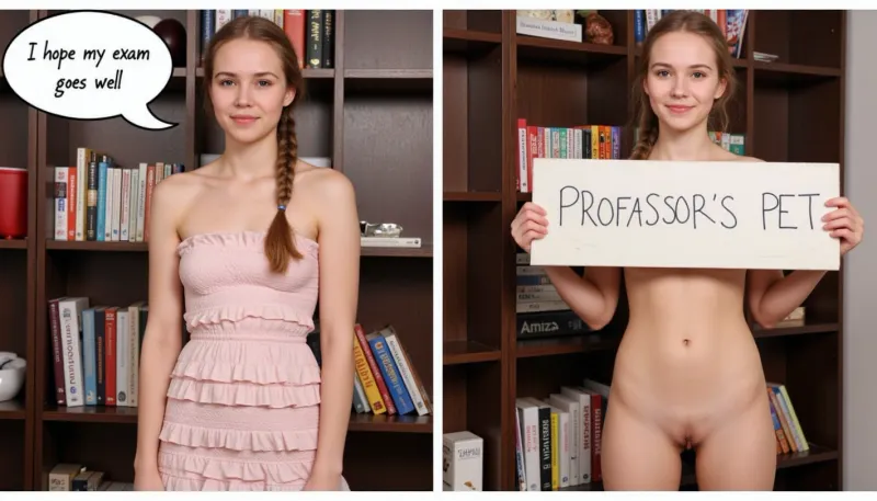 side-by-side two pictures of a young Scandinavian, slim, woman, with blonde hair, french braid. On the first picture on the left she wears a ruffled dress, standing in front of a bookshelf, thinking bubble "I hope my exam goes well". On the second picture on the right she stands naked in front of the same bookshelf, and holds a handmade sign with text "PROFESSOR'S PET".