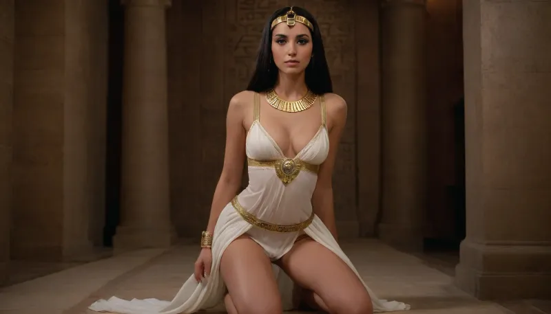 ((Man from 21 century, in modern clothes)), kneeling in front of Queen of ancient Egypt Cleopatra, incredibly beautiful woman 35 years old, long legs, thin waist, rounded hips, large breasts, black stripes gathered in a traditional Egyptian hairstyle, dressed in a long tight white semi-transparent dress on wide long straps, the dress begins under the breast, ((the breast is naked, nipples are covered by the britches of the dress)), dress kerasheno gold embroidery