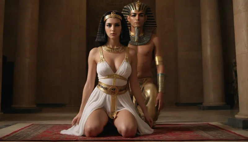 Man from 21 century, in modern clothes, kneeling in front of Queen of ancient Egypt Cleopatra, incredibly beautiful woman 35 years old, long legs, thin waist, rounded hips, large breasts, black stripes gathered in a traditional Egyptian hairstyle, dressed in a long tight white semi-transparent dress on wide long straps, the dress begins under the breast, ((the breast is naked, nipples are covered by the britches of the dress)), dress kerasheno gold embroidery