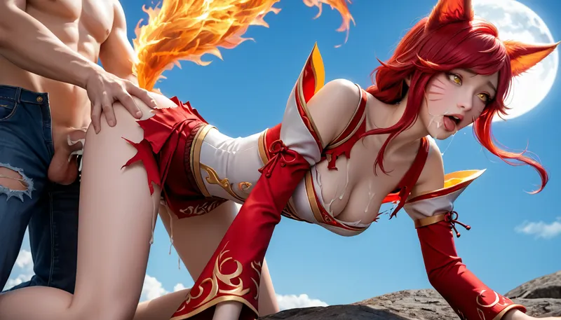 Foxfire Ahri from league of Legends, Dark Red hair, Braided Ponytail, slender body, medium breasts, Fiery fox tails, ripped clothes, ahegao, Below view, glowing yellow eyes, sex from behind, getting fucked by human man, Doggystyle, big dick, cum in pussy, cum on ass, cum on face, cum on breasts, full moon background, ultra detail, (((Dark Red hair:1.3))), (((Fiery Fox Tails:1.3))), (((On hands and knees:1.2))), (((sex from behind:1))), (((ripped clothes:1.4))), ahri, 1girl, long, hair, animal, ears, whisker, markings, korean, clothes, cleavage, detached, sleeves, <lora:ahri_sdxl_lowlearningrate-000024:.8>