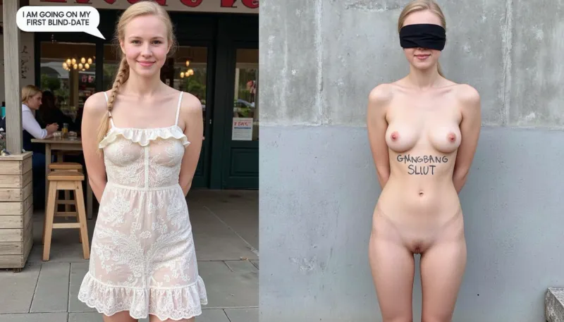 side-by-side two pictures of a young Scandinavian, slim, woman, with blonde hair, french braid. On the first picture on the left she wears a ruffled lace dress, standing in front of a café, speech bubble "I AM GOING ON MY FIRST BLIND-DATE". On the second picture on the right she stands naked in front of a concrete wall, blindfolded, hands behind back, and on her body is written text with big marker "GANGBANG SLUT".
