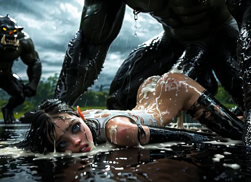 Highly realistic sharp focus, her eyes rolled back, (side view, face down ass fucked), shes looking up, crying expression, pouting mouth, (laying flat face down ass fucked in sinking sticky tar pit drenched wet with thick cum:1.5), orc leaning onto her back, shes reaching forward grasping alien worm, ((cute princess)), orcs pull her hair and head back by her hair, huge barbed cock in her ass, ((arroussed face)), ((cum cover)), wearing tight white longsleeve scoop cotton crop top, torn black latex leggings, 18 years old, perfect skin, long black hair, (blue eyes), ((((perkynatural boobs)))), skinny hips, (a giant monster stand next to her:1.3), (with giant horse cock:1), vivid color, gate of an orc village in mud with dark rain sky, diaphanous, orc, group, of, woman, laying, on, stomach, kokkoro, short, hair, white, ornament, between, bare, shoulders, small, breasts, detached, sleeves, sleeveless, puffy, dress, antenna, green, see-through, <lora:xl_diaphanous_dress-1.0:.5>, <lora:580159_training_data:1.1>, <lora:EdobOrc_XL_v1.0:.8>, <lora:dark:.2>, <lora:kokkoroXL:.8>