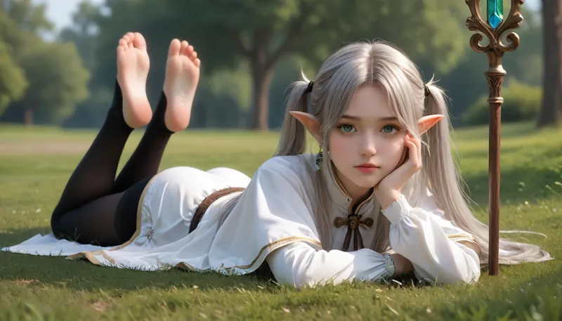 (((((frieren \, (sousou no frieren\)))))), 1girl, silver hair, green eyes, long hair, white hair, grey hair, twintails, parted bangs, white capelet, long sleeves, earrings, feet, tree, the pose, pointy ears, solo, soles, barefoot, toes, looking at viewer, pantyhose, black legwear, toeless legwear, chin rest, legs up, feet up, day, elf, outdoors, grass, blurry background, nature, ass, full body, hand on own cheek, on stomach, lying, masterpiece, best quality, very awa, very aesthetic, absurdres, newest, year 2024, highres, staff, holding, holding staff, expressionless, detailed eyes, <lora:DetailedEyes_V3:2>