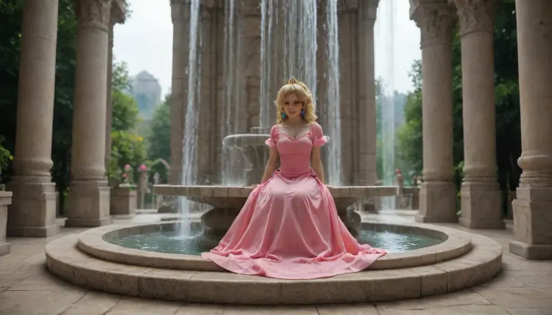 Princess peach from Mario sitting in a fountain, full body view