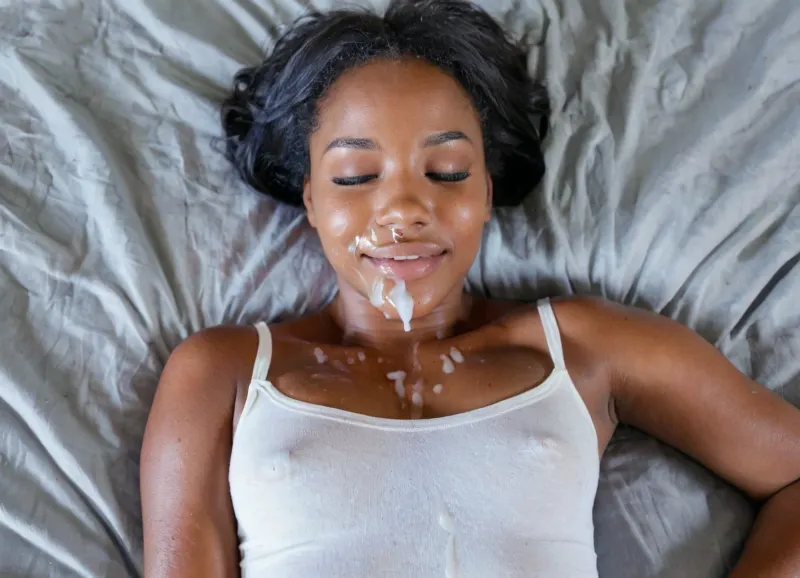 cute ebony lying on the bed, (a full gallon of cum has recently been poured over all of her body and face, totally covered in cum, face full of semen), sleeping, faint smile, photo from above