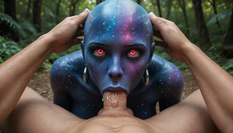 (Masterpiece), 1 guy with a huge dick in the forest at night doing facefuck to 1 lost excited alien creature, (super luminous neon shiny cosmic astral skin), psychedelic skin colors, many different colors skin, perfectly bald, (cum dripping), slim body, (((deepthroat sloppy))), (((deepthroat))), very detailed eyes, huge cute lips, very detailed hands, pov, high definition head, hyper alien, random skin colors, INFO, artprd2024, ral-czmcrnbw, <lora:artfullyPRIDE2024_SDXL_V1:.8>, <lora:ral-czmcrnbw-sdxl:.8>