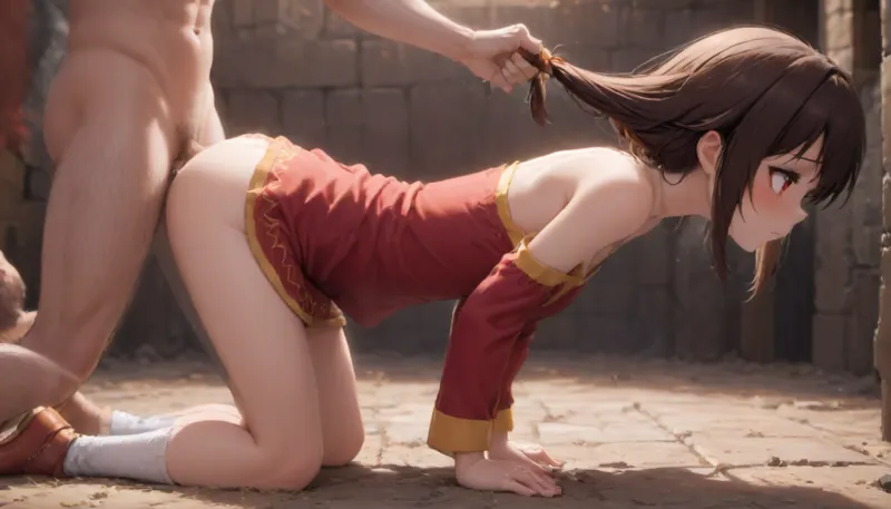 small girl, the girl is megumin from konosuba, full girl visible, side profile view, on all fours on the ground, her hair is pulled, pulled back hair, hair pulled back, aroused face expression