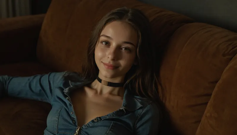 GHTEN, futuristic alien, science fiction, scinematic still, Realistic, photorealistic, cinemascope, ultra realistic 4k, high quality photo, (horizon level), (highly detailed face:1.3), young beautiful 18 years old girl, skinny, very thin waist, small breasts, smile, (girl lies on the sofa in a lewd vulgar pose:1.3), long hair, makeup, (T-shirt:1.2), (jeans:1.2), choker, dim warm light, Rembrandt Lighting style, shadow, partially covered in shadow, Rembrandt shadow style, high contrast, moody, epic, gorgeou, <lora:add-detail-xl:.6>, <lora:Artists_Edge-000006:.6>, <lora:AdvancedEnhancerXLv2:1>