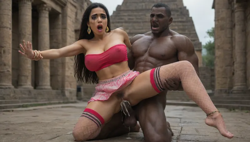 chel, road to eldorado, outdoor, aztec temple, sex with kaiju monster, chel fucked by giant kaiju monster, giant monster cock bigger than chel, hyper monster penis, standing sex, stomach stretched by giant monster cock, clothes, cleavage, anklet, aztec pyramid, see through skirt, rainy day, huge creampie, fishnet, shy, cumming, sex, eye rolls, slut, cum filled pussy, screaming, extremely stretched pussy, dick deep inside, screaming in pleasure, stockings, ((straight black hair)), ((latina)), ((rape)), ((surprised)), ((forced fucked)), ((mouth open)), ((non-consensual)), ((violent)), ((violence)), ((aggression)), ((brute force)), Tits out and showing, sweaty skin, perfect pussy, wet pussy, submissive, hearts, orgasm face, open mouth, (fucking), (penetration), very detailed, visible penetration, (submissive:1.5), (sweaty skin:.8), ultra-realistic, best quality, best lighting, (detailed face:1.1), masterpiece, Woman is crying, eyes frightened, horrified look, ((Sweaty skin)), (Her panties are ripped. Underwear pulled down around one ankle. Torn underwear), ruined makeup running down face, (screaming desperately), 8K, UHD, sharp image, (best illumination), crystal clear image, ultra-detailed, fine detail, pain emotional face, dark black hair, red thick lips, skin in oil, gaint cock, ((fishnet)), ((huge breasts)), big ass, Hairy pussy, female pubic hair, hairy armpits, (vaginal sex:1.3), orgasm, eyes closed, hairy pussy, from behind