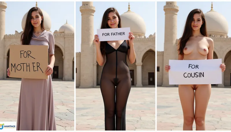 side-by-side three pictures of a young Arabic, petite, woman, standing in front of a mosque. On the first picture on the left she wears a long dress and hijab, and holds a handmade sign with text "FOR MOTHER". On the second picture in the middle she wears a black transparent dress, see-thru dress, and holds a handmade sign with text "FOR FATHER". On the third picture on the right she is completely naked, nude, and holds a handmade sign with text "FOR COUSIN".