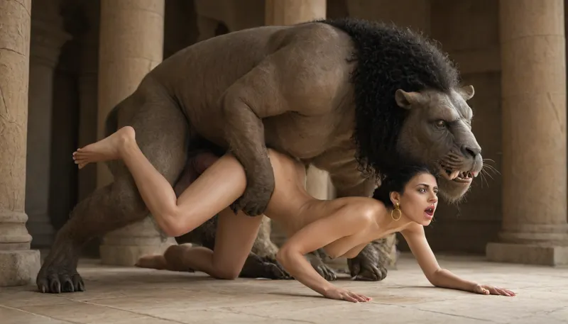 Queen Cleopatra beneath an anthropomorphic panther monster, (fucking monster's massive cock), moaning, zoophilia, beastiality, excessively hairy bush, dense long pubic hair, excessivepubichair, full body view, ancient Egypt, <lora:253562_training_data:.8>