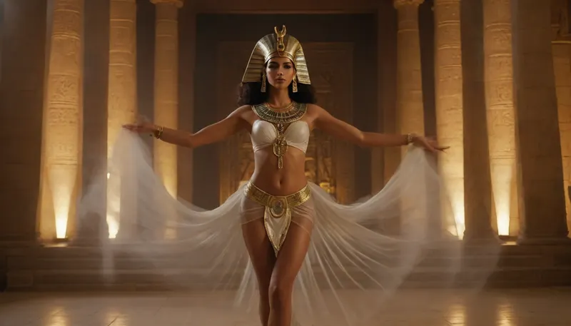 Ancient Egypt. A temple dancer in translucent clothes performs a sexy dance in the temple in front of the statue of the god Ra during the fertility festival