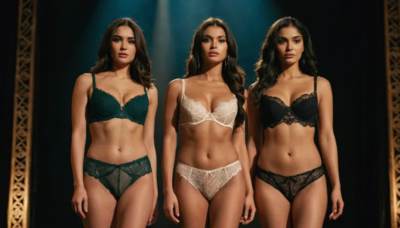 three petite women standing on a stage wearing lace-lingerie, lace-bra, lace-panties. One woman is slavic, one woman is arabic, one woman is south-east-asian.