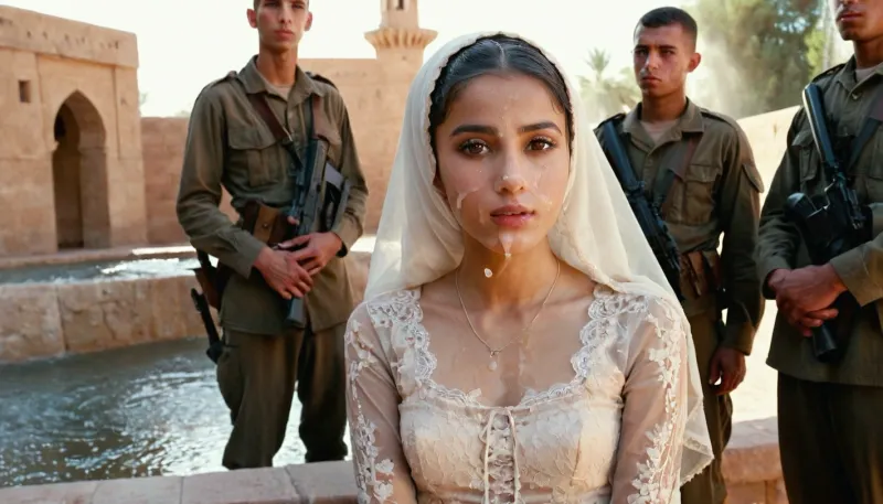portrait of a, (very petite:1.3), (19 year old), (arabic woman), (lace-hijab), (lace-dress), (cum on face), (cum on hijab), sitting near a fountain. Behind her stand three Western men, soldiers in uniform. woman, cum, on, face, <lora:JustCum:1.1>