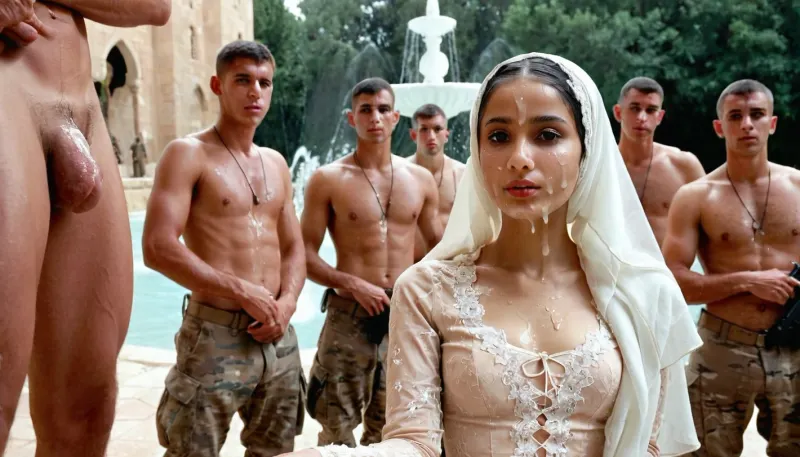 portrait of a, (very petite:1.3), (19 year old), (arabic woman), (lace-hijab), (lace-dress), (cum on face), (cum on hijab), sitting near a fountain. Behind her stand three Western men, soldiers in uniform. woman, cum, on, face, <lora:JustCum:1.1>