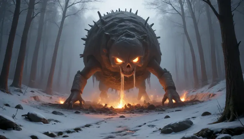 A bleak anti-utopian winter forest where skeletal trees rise from cracked frozen ground, their branches heavy with jagged acid-green icicles dripping onto patches of glowing bioluminescent moss. The sky is choked with smog, casting a sickly gray-blue haze over the snow-covered ruins of a forgotten civilization—twisted metal beams protrude from the earth, half-buried in frost, while faint aurora-like lights flicker weakly above. The air is thick with falling snowflakes tinged faintly amber by a decaying magical energy, and the distant howl of an unknown creature echoes through the silence. Style, dark fantasy meets primal decay, blending hyper-realistic textures, (rough bark, frost-crusted stones), with muted earth tones and eerie toxic highlights. No modern technology—only the raw brutality of a shattered world surviving on forgotten magic.