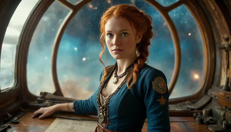 (outerspace:1.8), an image of a 45 year old woman standing at the helm of a pirate spaceship in outerspace., ((clearly Visible through the large windows is a colorful swirl of the universe)), . her hands are on the wheel. She accentuates her neckline, wearing a long-sleeved navy blue frock coat, dark red heavy skirt with leather belt and brass buckle., Her very long, straight, auburn, one braided pigtail falls over her shoulders. She has fair skin and is accessorized with an old key on a delicate necklace. her expression is happy sly coy. On the timber table beside her is an ancient map and compass. In the background, there is a crew working on raising the sails and chest of bounty, adding to the warm ambiance of the scene., looking at viewer, head turned to viewer, ginger hair, NEGATIVE_HANDS, 7-nasa, galaxies, nebula, <lora:MJ52:.5>, <lora:387205_training_data:1.4>, <lora:Nasa Style v1.0:1.4>, detailed face, detailed eyes