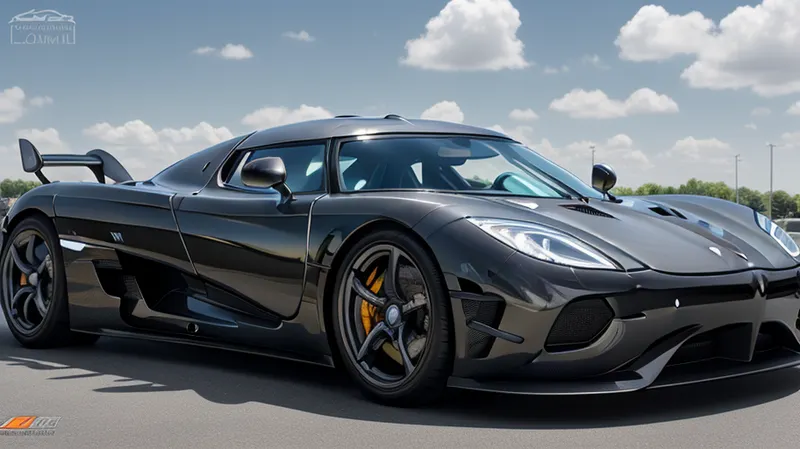koenigsegg car, glossy bodywork in the sun, sunny parking lot, black bodywork, only the car, high resolution image