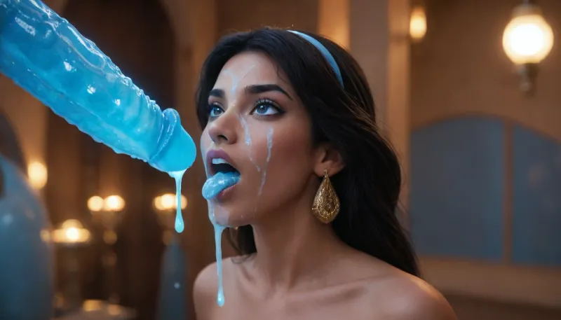 ((((Jasmine from Disney movie Aladdin)))), (looking up), ((glowing blue Genie creature huge dick from Disney movie Aladdin)), ((glowing Genie creature body)), (glowing skin), (((glowing blue cum))), ((opening mouth full of glowing blue cum)), (((glowing blue cum on face))), ((wide view of Jasmine mouth))