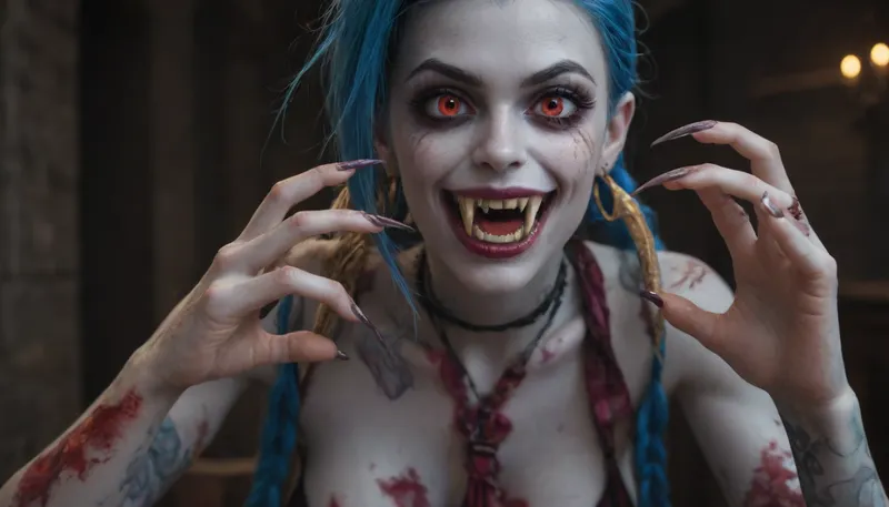 ((((Jinx from League of Legends)))), ((((((undead vampire skin:2)))))), (fangs:2), (long fingernails:2), big breasts, pussy, score_9, score_8_up, score_7_up