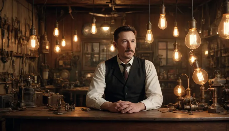 the mad scientis tesla, late 40yo servian men with beard in a cluttered 1920s workshop, surrounded by, scattered gears, and copper wiring under the warm glow of suspended Edison bulbs illuminating riveted metal walls and antique machinery.