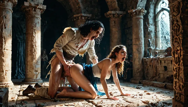 horror monster, fucks a woman, big cock, stands doggy style, on his knees, clothes torn, mouth open, lots of women around, holds by the hair, ancient castle