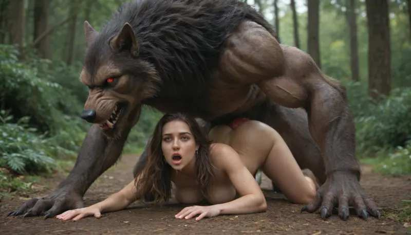 Werewolf, massive red knotted werewolf penis, red eyes, doggystyle sex, beautiful warrior woman, rough sloppy sex, primal mating, cum inside, growling, moaning and drooling from the mind melting orgasm, big full boobs, modern-werewolf, <lora:Modern_Werewolf:.8>, excessively hairy bush, dense long pubic hair, excessive pubic hair, <lora:253562_training_data:.8>, <lora:add-detail-xl:.8>