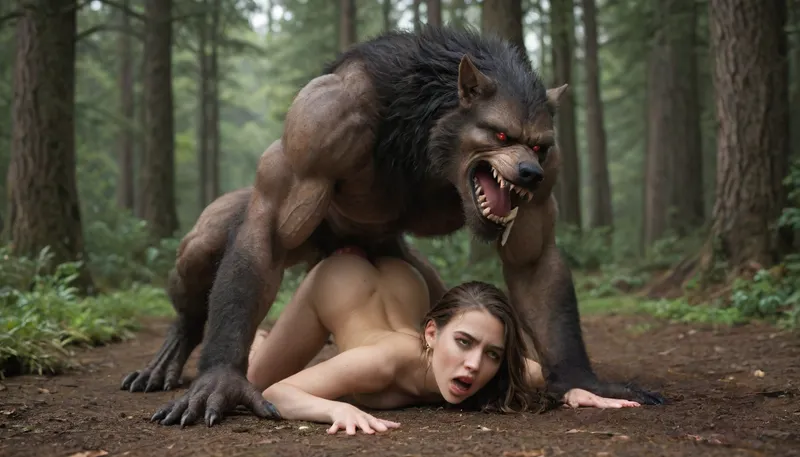 Werewolf, massive red knotted werewolf penis, red eyes, doggystyle sex, beautiful warrior woman, rough sloppy sex, primal mating, cum inside, growling, moaning from the mind melting orgasm, big full boobs, modern-werewolf, <lora:Modern_Werewolf:.8>, excessively hairy bush, dense long pubic hair, excessive pubic hair, <lora:253562_training_data:.8>, <lora:add-detail-xl:.8>, <lora:681678_training_data:.8>