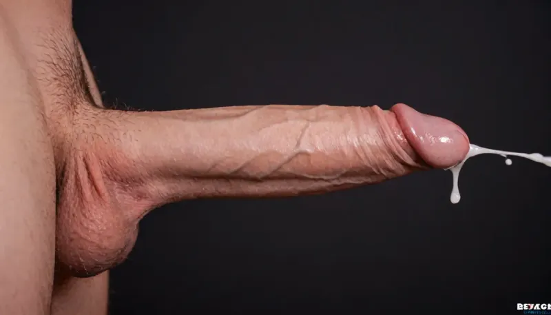 hyperrealistic, (one big penis with big balls shoot one rope of sperm), close-up, side view, penis in profile, penis, erect, large, shaved, black background, cumshot, hard cumshot