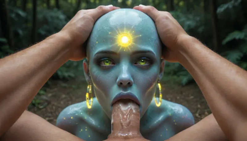 (Masterpiece), (ultra high definition), 1 guy with a huge dick in the forest at night doing face fuck to 1 lost excited alien creature, (hyper luminous neon shiny cosmic astral skin), (super glowing green eyes), psychedelic skin colors, many different colors skin, perfectly bald, (mouth cum dripping), (slim body), (sloppy deepthroat), (huge lips), (pov), (hyper alien), random skin colors, INFO, artprd2024, ral-czmcrnbw, <lora:artfullyPRIDE2024_SDXL_V1:.8>, <lora:ral-czmcrnbw-sdxl:.8>