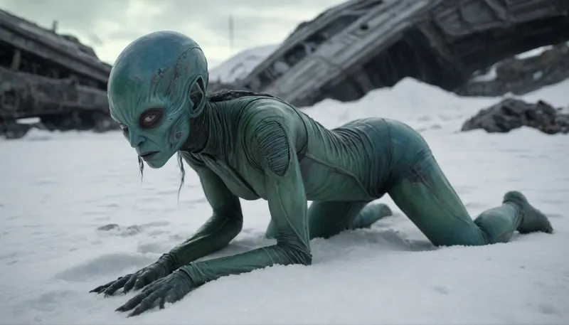 halfnude blue skinned alien female in torn space jumpsuit crawling through the snow, prostrated, wrecked, wounded, helpless, her broken wrecked space ship in background, not human, alien body, alien proportion, alien anatomy, green blood