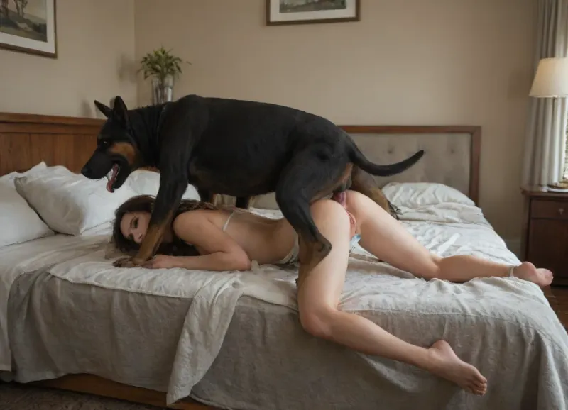 Anime style, zoophilia, canine, panties down, bedroom, vaginal
