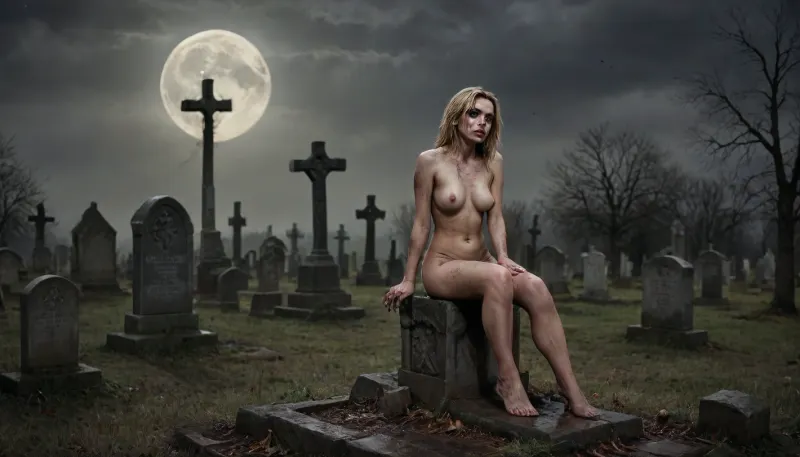 A dramatic, digitally enhanced image, 3/4 body view, pin-up style, digital art, A young woman, nude, sits atop a tombstone in a graveyard at night. and is positioned as if perched on a broom, which extends from the tombstone. The scene is dark and dramatic, with a large, full moon visible in the sky above the overcast clouds. Bare branches of leafless trees are visible in the background. Several other tombstones are visible in the foreground and background, along with crosses. The lighting highlights the woman and creates a stark contrast between her and the surrounding environment. CCDWR, labia, clitoris, big, open, spread, closed, small, medium, large, long, shaved, pubic, hair, bad, lighting, bright, 1-alpha, .8>, <lora:hinaMaybeBetterPoseXL_v5-NoobAI:.8>, <lora:FLUX mimic - XL - SDXL v4.0:.8>, <lora:LORA_CCDWR:.8>, zombie, <lora:RPGZombieXL:.8>