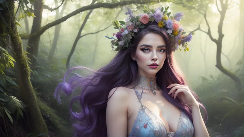 a fullbody retrofuturism watercolor illustration of a adult beautiful woman with flowery crown in a forest clearing, holding, fine lines, complex, complicated, She has a pretty coquettish faded face, elaborate hairstyle, small breasts, detailed crystal eyes, light glowing irises, heartshaped lips, lip gloss, aroused skin, dramatic sunset, long shadows, fog, fairytale atmosphere, rainessance, snti alias, #©KITTYART



































#©KITTYART