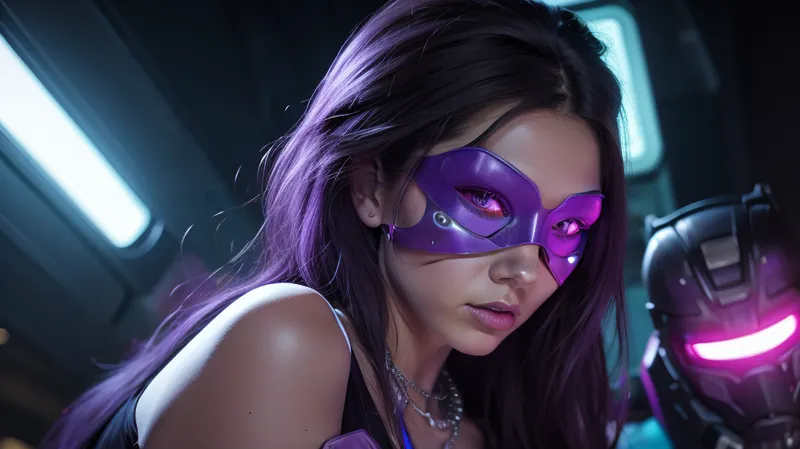 A adult beautiful woman wearing a futuristic-looking mask with pink and purple lights. The mask has a visor that covers her eyes and glows purple. The woman is standing in front of a cityscape with neon lights in the background. Her skin glows cyan. She is wearing a silver metal bra and has multiple necklaces and bracelets around her neck. Her hair is styled in loose waves and she is looking off to the side with a serious expression on her face. The overall mood of the image is dark and mysterious, detailed, realistic, night vision, soft fokus, parallax, overexposure, illustration, pastel colors, (she kneels), #©KITTYART



































#©KITTYART