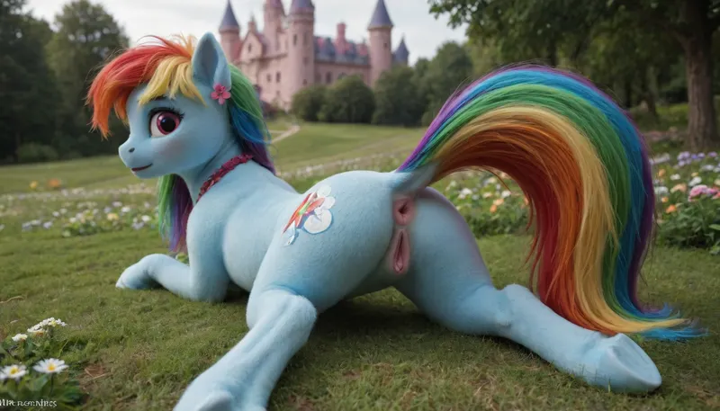 (Masterpiece), Pony creature from My Little Pony, teasing her pussy and anus, spreading anus by viewer hand, shes looking back, blue fur pony creature with rainbow hair, (surprised facial expression), fantasy shiny pink castle outdoor with fantasy flower grass background