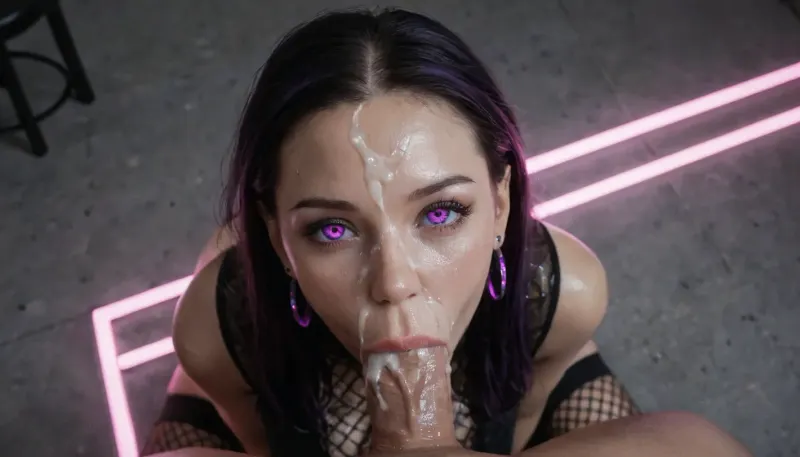 40 y.o. good looking woman, named Sophie, MILF, straight very long black hair, highly detailed pretty face with high cheek bones, big eyes, Caucasian, no makeup, pale skin, (oiled skin), curvaceous, very long legs, large ass, shaved pussy, huge giant breasts, seductive, experienced, exhibitionist, full body, no underwear, pussy lips exposed, (black thigh high fishnet stockings), long-sleeved black fishnet shirt, black ankle plateau boots, kneeling in front of a clothed man and giving him a blowjob, deep throat, thick cock is deep in her mouth, ass exposed, (cum all over her face:1.3), (cum on forehead), (cum on face cheeks), crowded night club, (ultraviolet lighting:1.4), (glowing neon lights:1.2), (black light), fluorescence lighting, body paint, (view from above), <lora:uv style v2:1>, <lora:add-detail-xl:1>