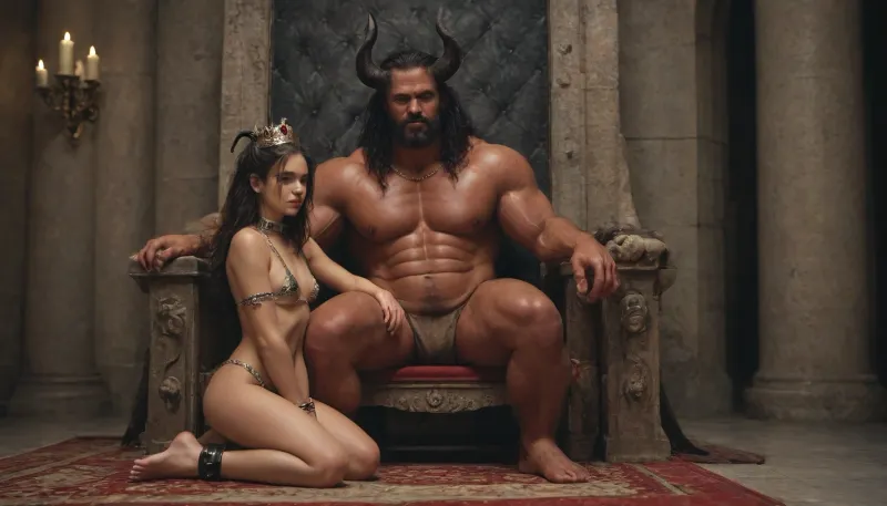 A large muscular man sits on a throne in an ornate castle room. He has red skin and short black horns and is wearing a crown. There is a small petite 18yo girl kneeling next to the throne wearing a very skimpy metal bikini, a metal collar and cuffs. The girl is exquisite but terrified, with wild dark hair. A chain leads from the collar to the demon's hand., ((demon)), (collar), (cuffs), (chain)