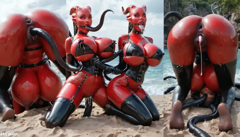 1 woman alien bimbo, 1 futanari bimbo, skinny, (red tall woman:1.3), (red full body latex suit:1.5), (latex is iridescent:1.5), (Breasts covered in latex except nipples:1.5), (Black latex stockings:1.5), (black latex corset:1.5), (black latex bra:1.5), very slutty face, Giant nipples, very surprised, beach, (face down elevated in the air:1.5), close-up, ultrarealism, masterpiece, alien tongue, vaginal sex, nipple creampie, cum spurting from mouth, ((massive breasts:1.2)), (horns, red eyes), (alien woman:1.3), makeup, narrow waist, glowing eyes, look at viewer, earrings, ring gag, gagged, drooling, (huge puffy lips), excited look, (glossy red lipstick:1.2), high detailed face, thin, big breasts, wide hips, Horse Pussy, (extremely swollen inner labia:1.5), (extremely swollen clitoris:1.5), huge nipple clamps, ((hands grab boobs)), (Large Tentacles fuck her mouth:1.5), (large tentacles fuck pussy:1.5), rear view, rear focus, focus rear, Cinematic light, best quality, mega detailed, mega quality, high detailed, harness, garter, straps, cupless, bra, bmbplora, tentacles, Latex, <lora:Harness_Straps_sdxl:.8>, <lora:bimboxl_02:.8>, <lora:MS_Real_XL_Tentacles:.8>, <lora:LatexXLv11:.8>