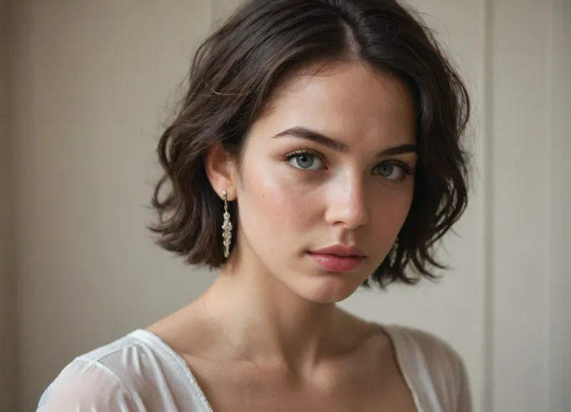 A voluptuous woman aged 30 with dark hair