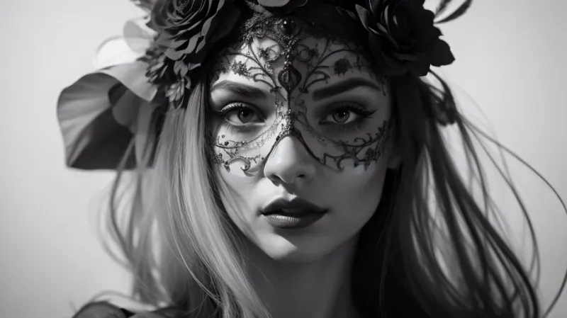 A illustration in bright pastels of a woman with an elaborate, gothic-inspired theme. She is shown from the shoulders up, with her face partially obscured by an ornate masquerade mask. The mask is highly detailed, featuring intricate, symmetrical designs with floral and baroque patterns, giving it a baroque and gothic feel. The woman's lips are painted a deep, dark color, matching the monochrome aesthetic of the image. Her hair is styled in an elegant updo, adorned with a crown of large, artificial white flowers, adding a touch of contrast and softness to the otherwise dark and dramatic scene. The background is a richly textured floral pattern, enhancing the baroque theme of the mask and flowers. The lighting is soft yet focused, highlighting the contours of her face and the textures of the mask and flowers, creating a dramatic and mysterious atmosphere. The overall composition is striking, with a strong contrast between the dark elements of the mask and lips and the lighter, softer elements of the flowers and background. The photograph captures a blend of elegance and gothic mystery, making it a captivating and visually rich image. elegant woman, baroque masquerade mask, intricate silver design, large ornate eyes, floral headpiece with white flowers, dark lipstick, bare shoulders, smooth skin, high contrast, detailed textures, vintage floral wallpaper background, dramatic lighting, mysterious and alluring, Renaissance-inspired, gothic and romantic, high fashion, classic beauty, soft shadows, sophisticated, timeless, artistic, portrait, close-up, fine art photography, fine details, delicate and strong features, enigmatic expression, luxurious, historical elegance, baroque style, beautiful composition, dark and light contrast, ethereal, captivating, elegant beauty, #©KITTYART
