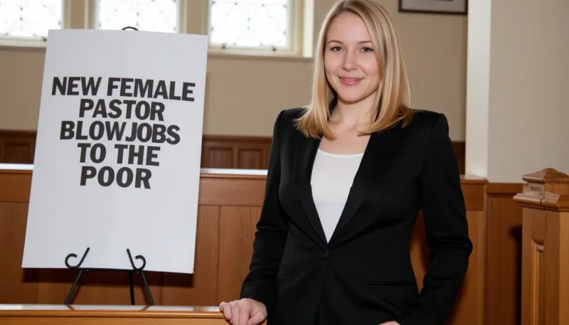 A petite woman is wearing a black pantsuit with white blouse, she has shoulder-length blonde hair, in a modern church. Next to her stands a poster stand. On the poster in the stand is text printed in large letters in style of a enlarged newspaper headline "NEW FEMALE PASTOR OFFERS BLOWJOBS TO THE POOR".