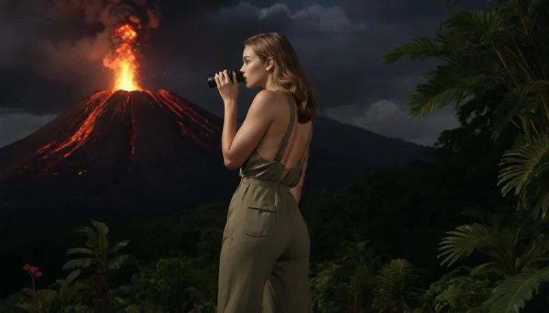 Photorealistic image, night, flowering tropical jungle, volcano eruption, sexy girl volcanologist with binoculars watching the eruption, jumpsuit unbuttoned almost to the waist, large breasts barely covered, fantasy art, half profile view, only one image, super detailed photorealistic image, full body view, 8K quality.