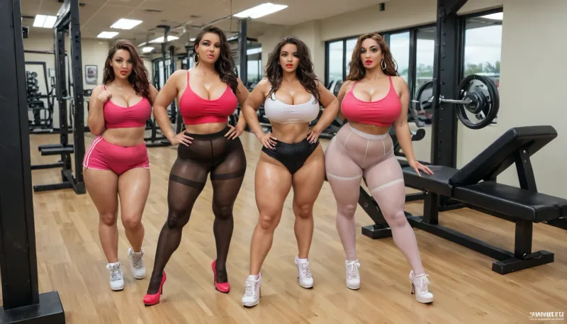 bbw, fat body, big breasts, wide waist, wide hips, extremely beautiful, slut, glossy red bimbo lips, violet eye shadow, cleavage, very long brunette hair, bubble butt, round chubby face with big cheeks, shiny beige pantyhose, high heeled sneakers, hot pink sports top, full body shot, hand down front inside of pantyhose rubbing pussy, working out in a gym, many women around